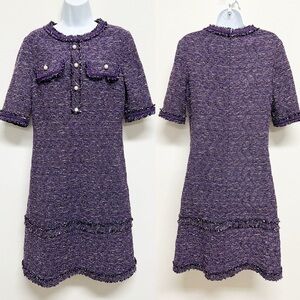 Rickie Freeman for Teri Jon Purple Tweed Pearl Accented Short Sleeve Midi Dress